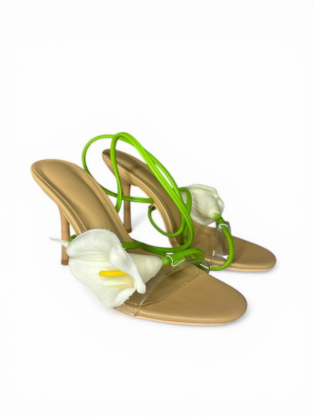 2/$99 ✨Cult Gaia Inspired Calla Lily Nude Stiletto Sandals 6 Green Ankle Strap - Picture 4 of 8